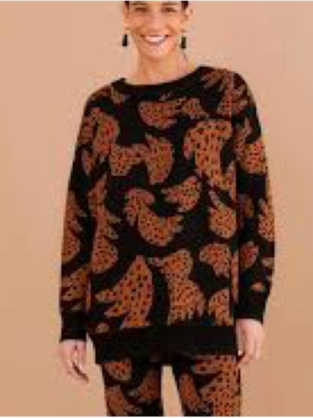 FARM Rio Black Crewneck Sweater with Orange Abstract Animal Print - Picture 2 of 7